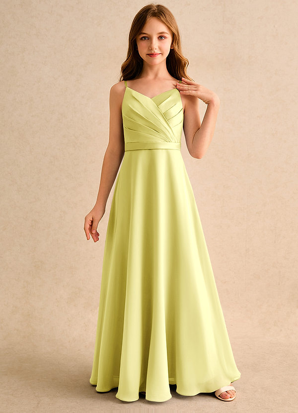 Azazie Umina Girls Formal Bloemenmeisjes Jurken A-Lijn Jurk van Mat Satijn Geplooid Citroensorbet image1