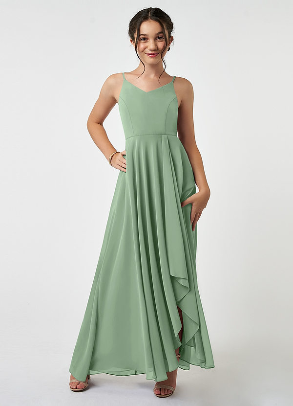 Azazie Collette Junior Matcha A-Line Ruched Chiffon Dress image1