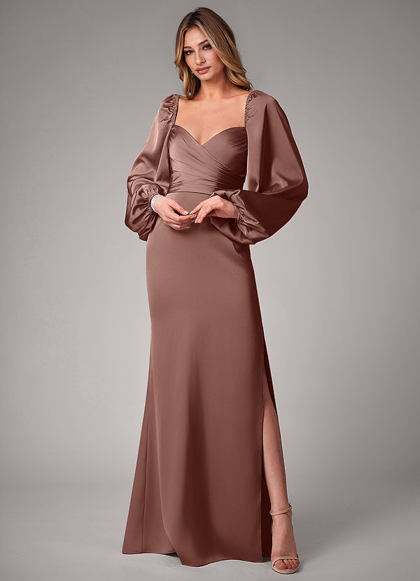 Azazie Sonata Bridesmaid Dresses Espresso Sheath Long Sleeve Stretch Satin Convertible Dress image1