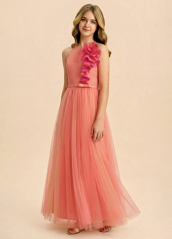 Azazie Freya Junior Formal Blush Shadow Floral A-Line Ruched Mesh Dress image1