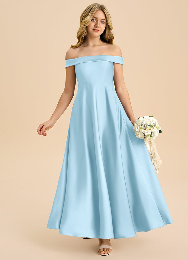 Azazie Sissy Junior Sky Blue A-Line Off the Shoulder Stretch Satin Dress image1