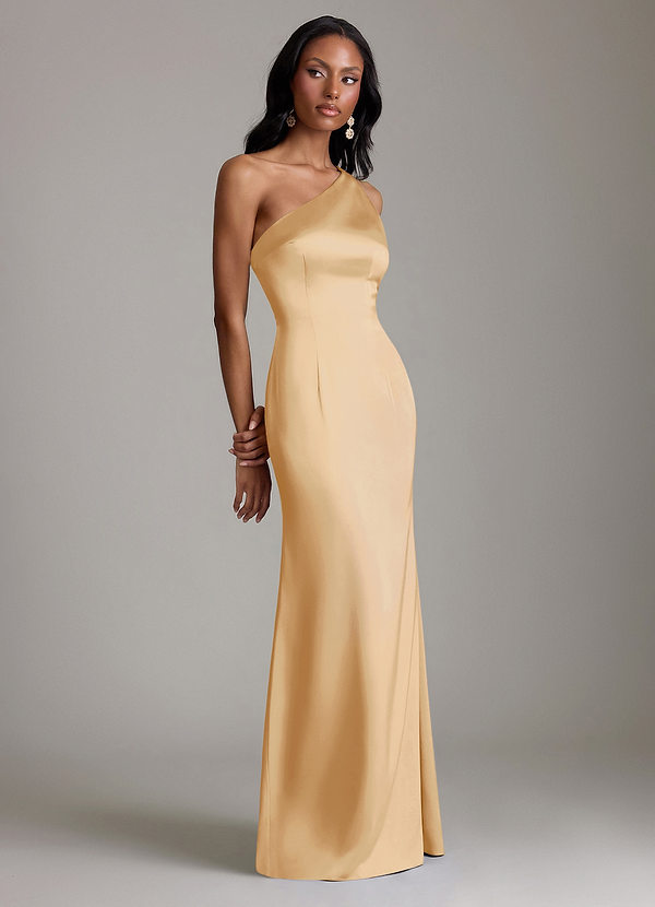 Azazie Voni Abiti da Damigella Abito Sirena in Raso Elasticizzato Monospalla Oro image1