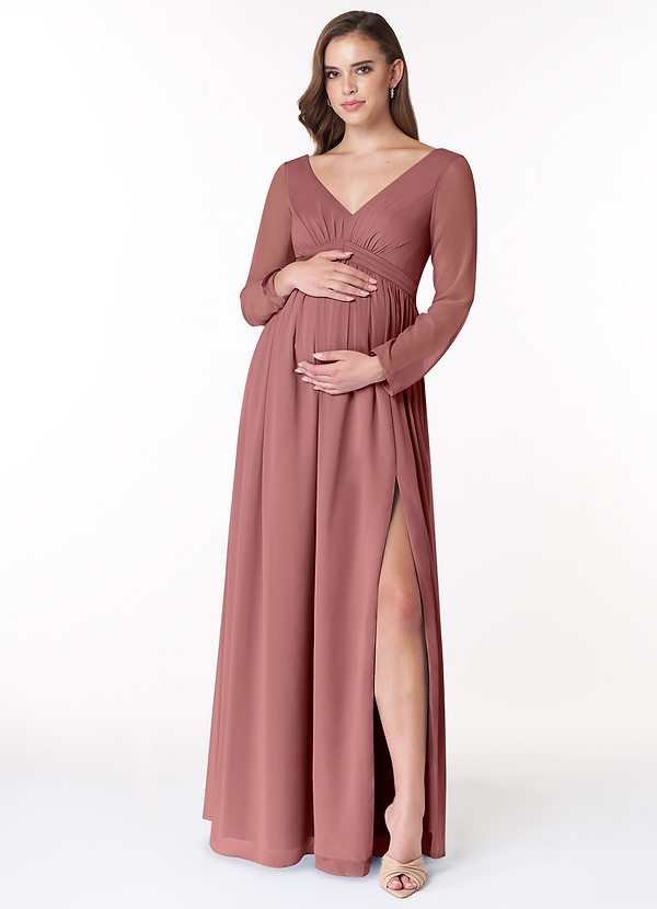 Azazie Teton Vestidos de dama de honor de maternidad Vestido de Corte En A Manga larga Hasta el suelo Gasa image1