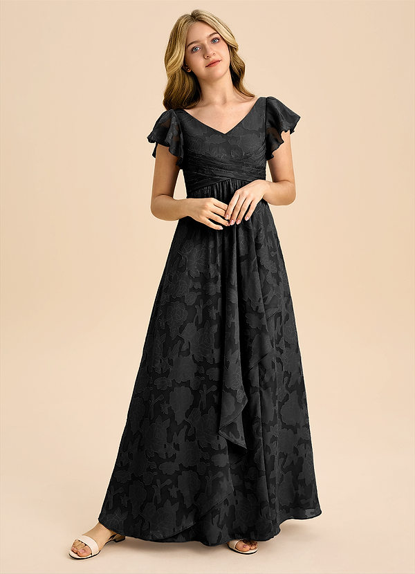 Azazie Omari Junior Abito A-Line in Burnout Floreale Plissettato Nero image1