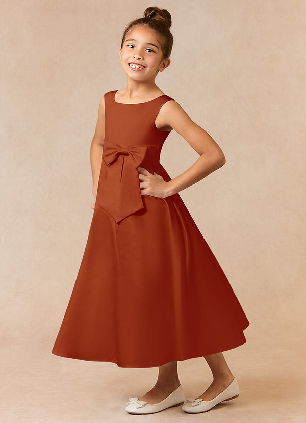 Azazie Lindy Flower Girl Dresses Paprika A-Line Pleated Matte Satin Dress image1