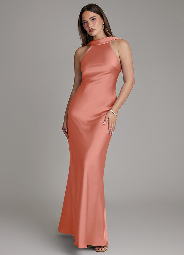 Azazie Dimitra Bridesmaid Dresses Salmon Pink A-Line Pleated Stretch Satin Dress image1