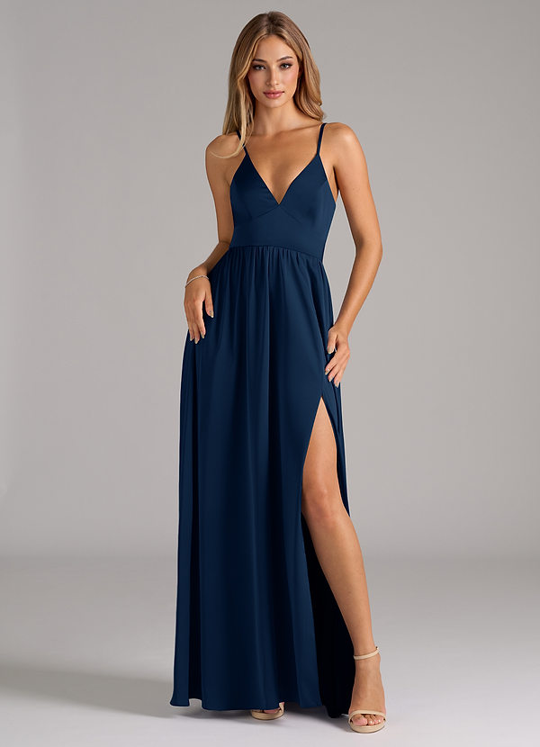 Azazie Aaida Bridesmaid Dresses Dark Navy A-Line Corset Stretch Satin Dress image1