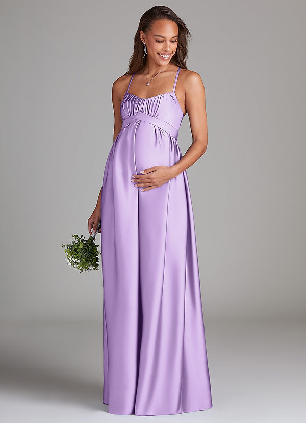 Azazie Llana Maternity Bridesmaid Dresses A-Line Stretch Satin Floor-Length Dress with Pockets image1
