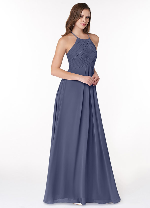 Azazie Ginger Abiti da Damigella Abito A-Line in Chiffon con Scollo Halter a Pieghe Stormy image1