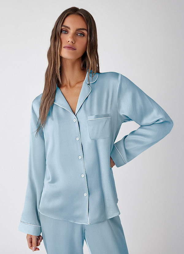 front Sky Blue 100% Washable Silk Pajama Long Sleeve Top