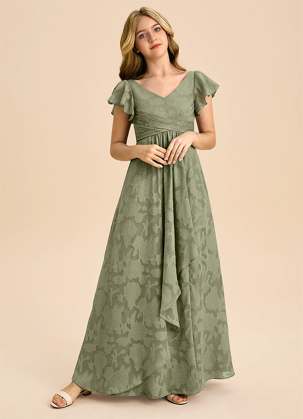 Azazie Omari Junior Pistachio A-Line Pleated Floral Burnout Dress image1