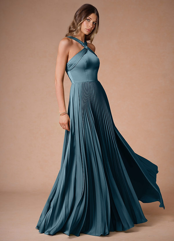 Afra Azure Blue A-Line Pleated Stretch Satin Dress image1