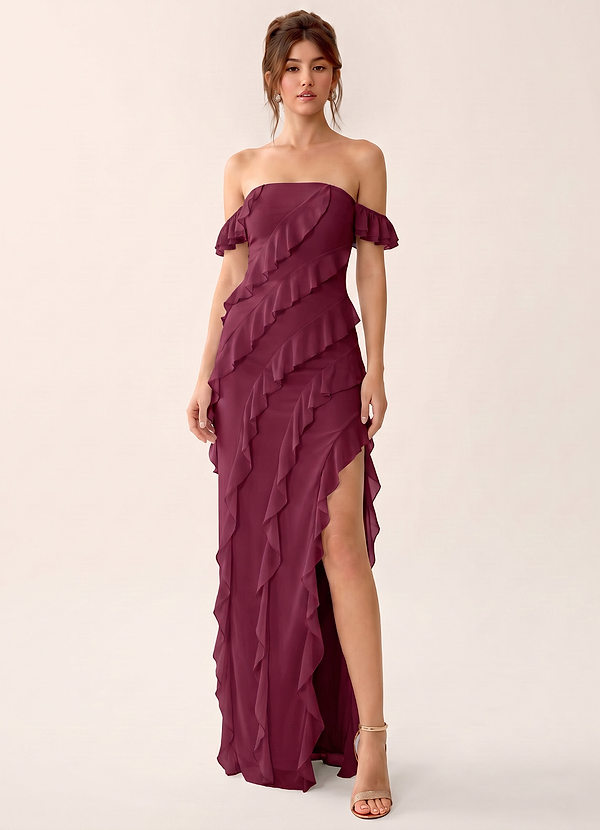 Nerissa Bourgondië Off-the-shoulder chiffon jurk met ruches en split tot op de grond image1