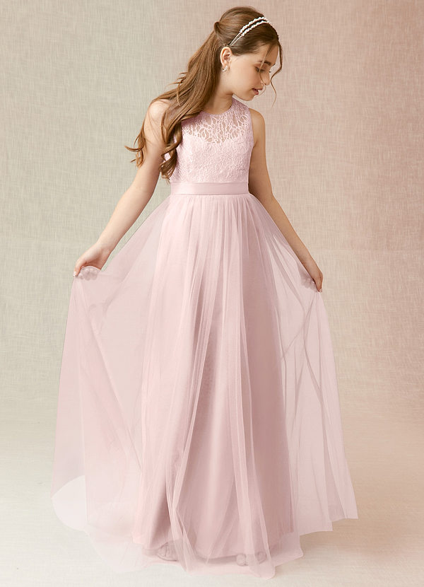 Azazie Georgette Junior Blushing Pink A-Line Lace Tulle Dress image1