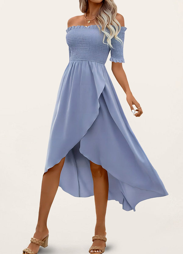 front Needles Dusty Blue Off-The-Shoulder Smocked Tulip Dress