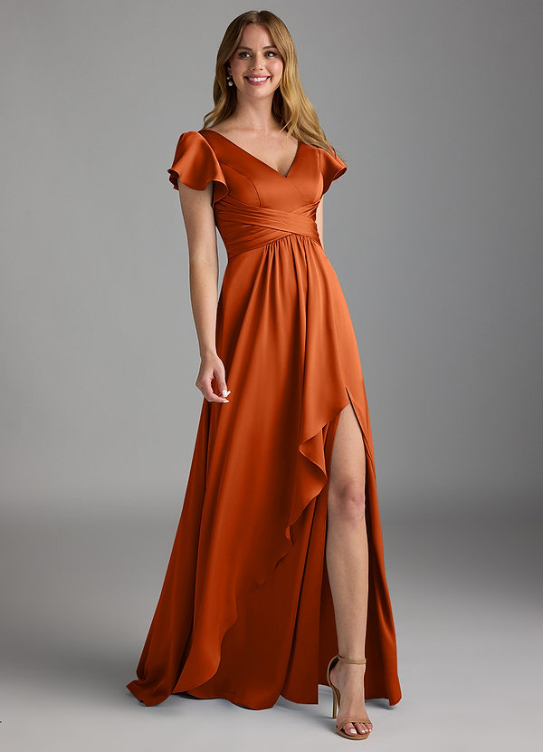 Azazie Omari Bruidsmeisjes Jurken Jurk van Stretch Satijn met A-Lijn Verbrande Sinaasappel image1