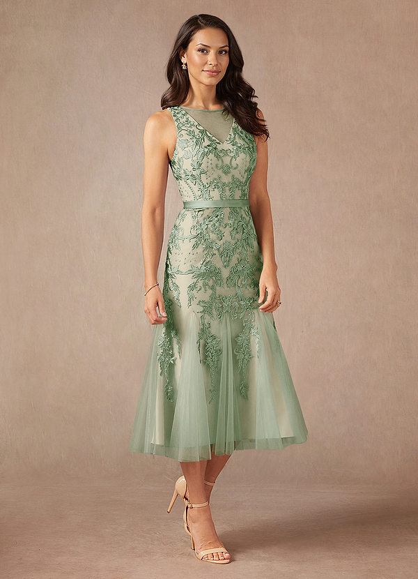 Azazie Herrin Mother of the Brides Dresses Dusty Sage Champagne Mermaid Lace Dress image1
