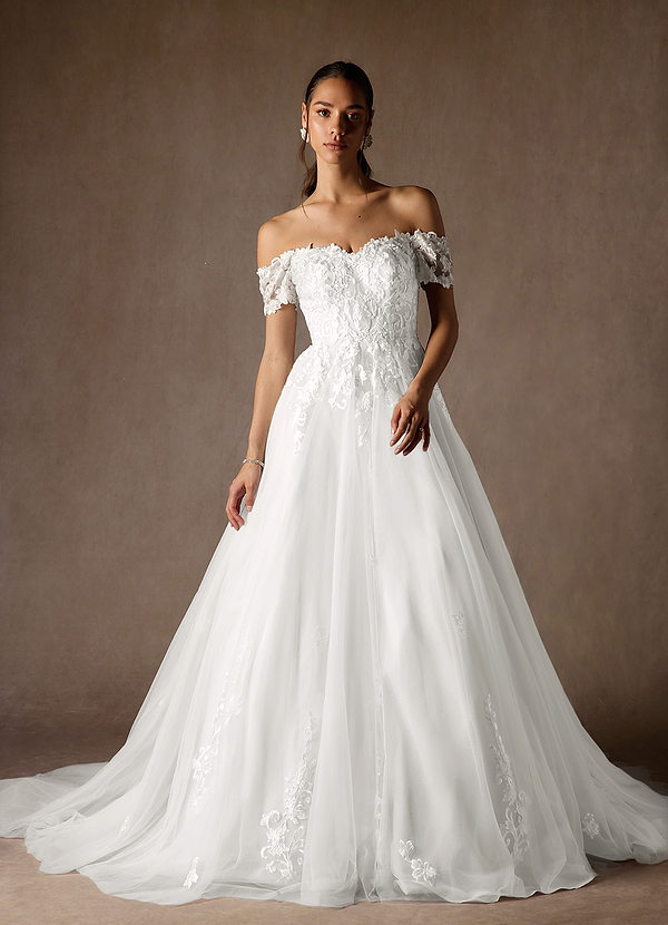 Azazie Rowe Wedding Dresses Diamond White Ball-Gown Off the Shoulder Tulle Dress image1