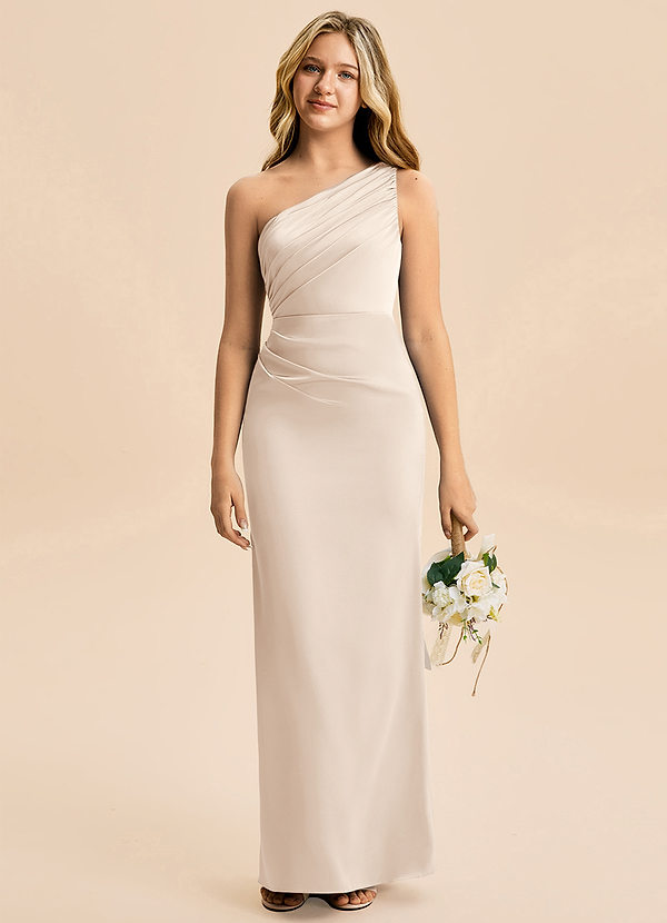 Azazie Akilah Junior Robe Fourreau en Satin extensible Plissée Albâtre Blanc image1