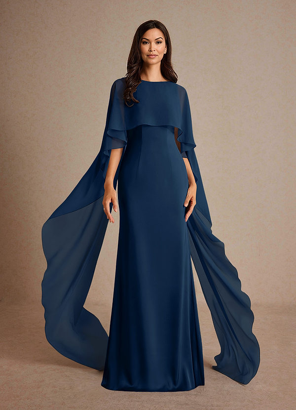 Azazie Milfred Vestidos de Madre de la Novia Vestido de Azul Marino Oscuro de Satén Elástico de Recto con Cuello de barco image1
