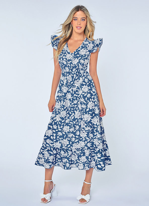 Belleville Blue Floral Print Flutter Sleeve Midi Dress image1