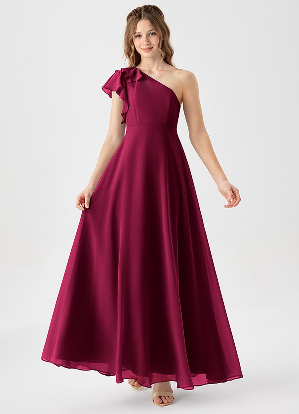 Azazie Arabella Junior Burgundy A-Line Ruched Chiffon Dress image1