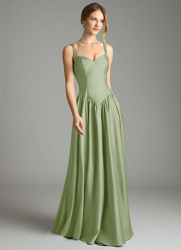 Azazie Evadina Vestidos Dama de Honor Vestido de Salvia Polvorienta de Satén Elástico de Corte en A con Corsé image1