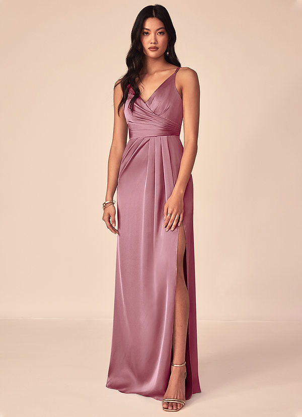 Azazie Aqua Bruidsmeisjesjurken Jurk van Stretch Satijn met A-Lijn V-hals geplooid Vintage Mauve image1