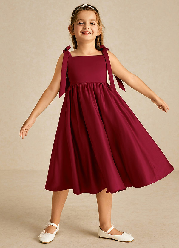 Azazie Chelsie Flower Girl Dresses Burgundy A-Line Bow Matte Satin Dress image1