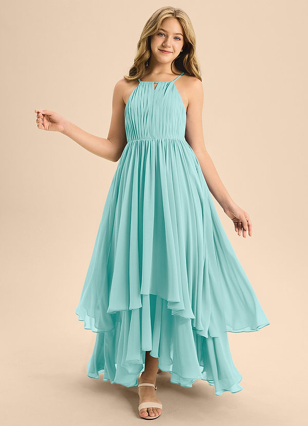 Azazie Elliora Junior A-Linie Plissee Chiffon Kleid Aqua image1