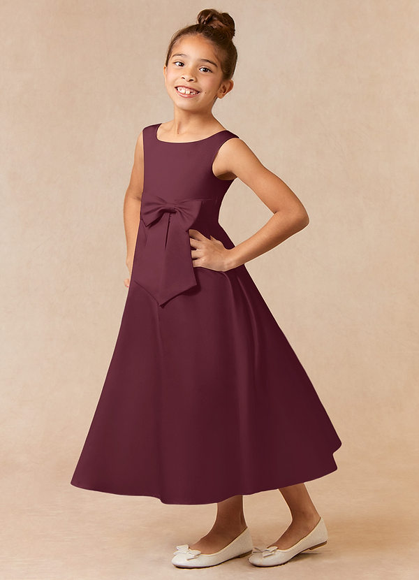 Azazie Lindy Vestidos de Niña de Flores Vestido de Cabernet de Satin Mate de Acampanado con Plisado image1