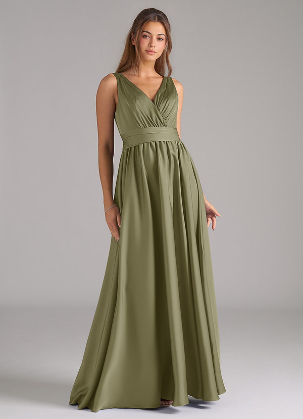 Azazie Kora Bridesmaid Dresses Pistachio A-Line Pleated Stretch Satin Dress image1