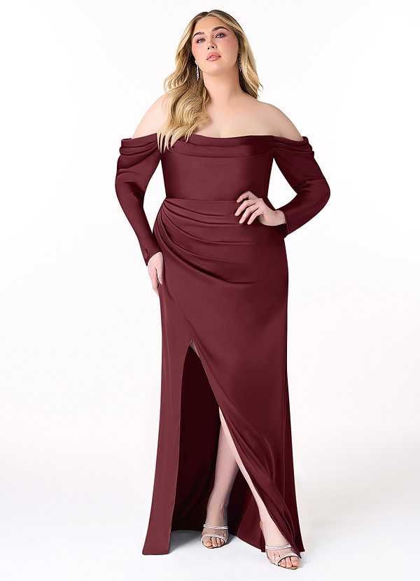 Azazie Hallie Vestidos Dama de Honor Vestido de Cabernet de Satén Elástico de Corte Sirena Convertible con Manga larga con hombros descubiertos image1
