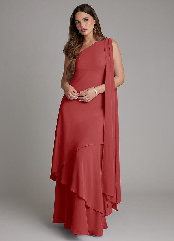 Azazie Monique Vestidos de Dama de Honor Vestido Ferrugem de Chiffon de Linha A com Ombro Único image1