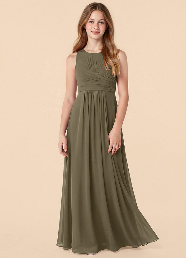 Azazie Skyla Junior Willow Green A-Line Pleated Chiffon Dress image1