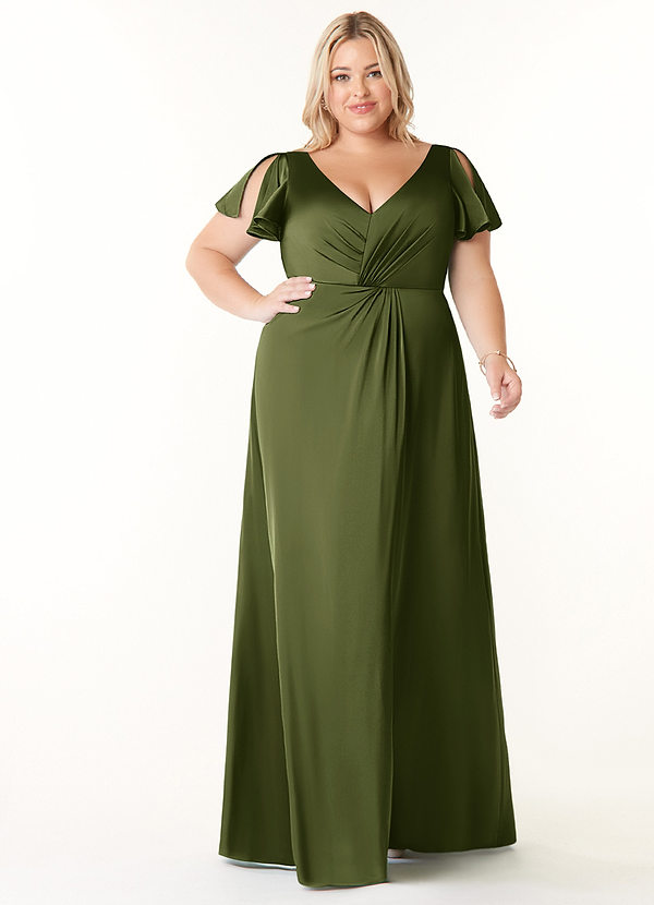 Azazie Soren Bridesmaid Dresses Olive A-Line Pleated Stretch Satin Dress image1