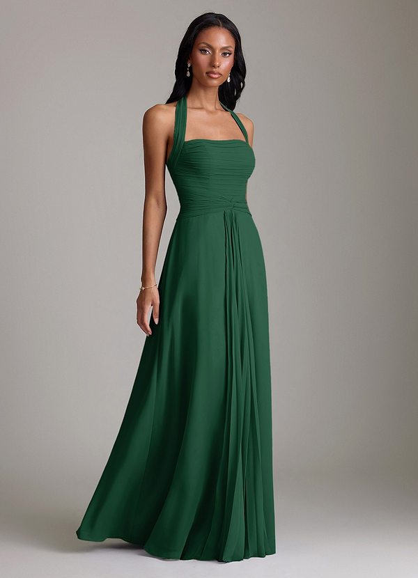 Azazie Clarisa Bridesmaid Dresses Dark Green A-Line Pleated Chiffon Dress image1