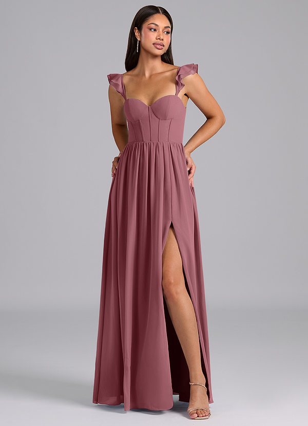 Azazie Denisse Brautjungfernkleider A-Linie Gestreift Chiffon Kleid Wüstenrose image1