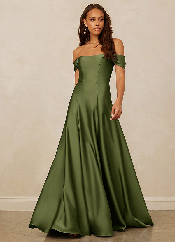 Christian Siriano Bridal for Azazie 1002 Robes Demoiselle d'honneur Robe A-Ligne En Satin Extensible À Épaules Dénudées image1