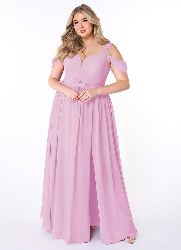 Azazie Lianne Bridesmaid Dresses Candy Pink A-Line Off the Shoulder Chiffon Dress image1