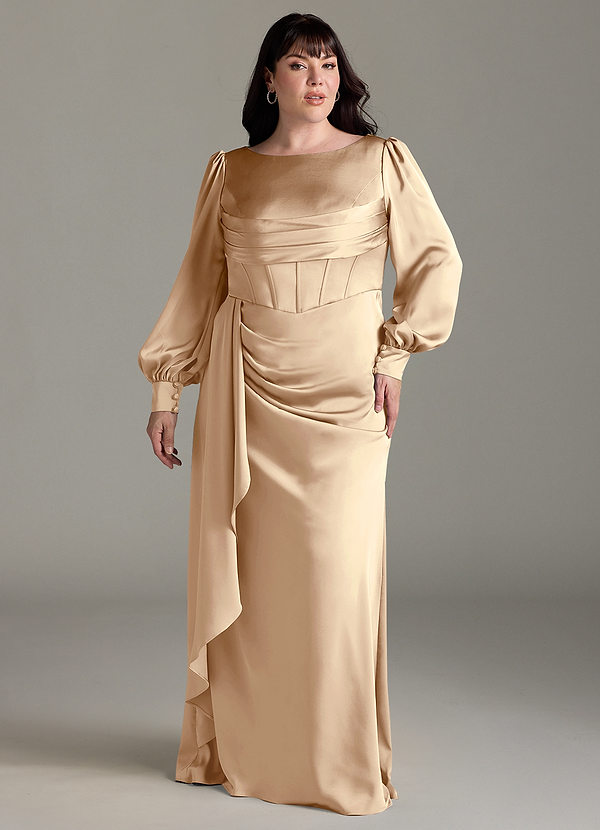 Azazie Raye Robes Demoiselle d'honneur Robe Sirène en Satin extensible Manche longue Champagne image1