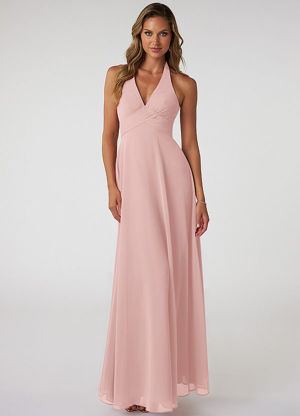 Azazie Tessie Bridesmaid Dresses Powder Pink A-Line V-Neck Pleated Chiffon Dress image1