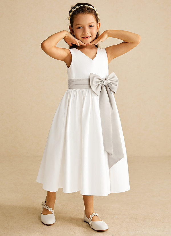 Azazie Darling Flower Girl Dresses Ivory Frost A-Line Bow Cotton Dress image1