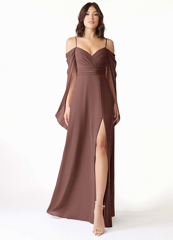 Azazie Cienna Abiti da Damigella Abito A-Line in Chiffon Manica Lunga Espresso image1