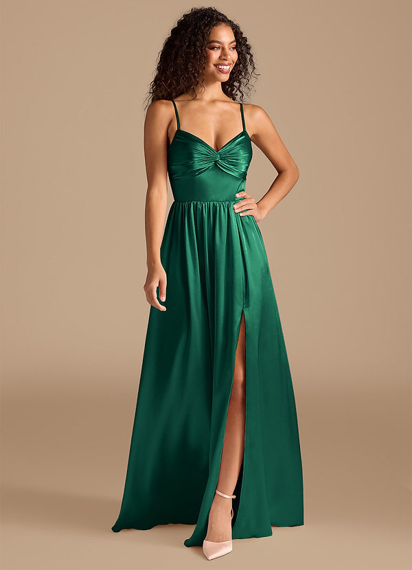 Azazie Zeya Bridesmaid Dresses Emerald A-Line Pleated Metallic Satin Dress image1