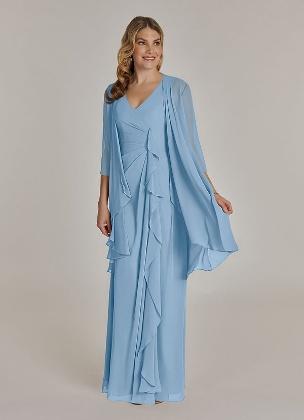 Azazie Manuella Robe Mère de la Mariée & du Marié Robe Trapèze en Mousseline de soie Col V plissé Poudre Bleue image1