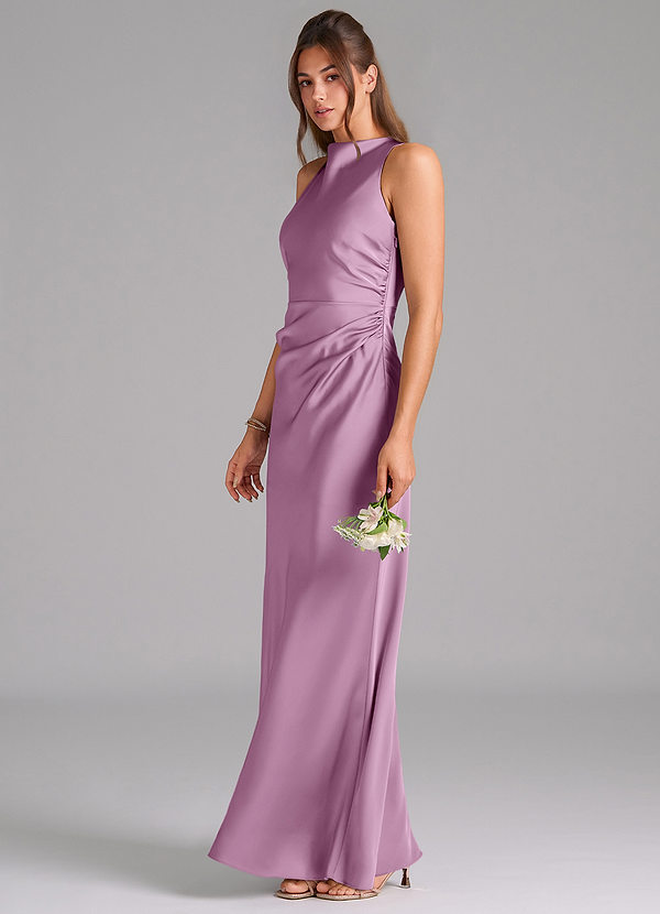 Azazie Evadne Bridesmaid Dresses Wisteria Sheath Pleated Stretch Satin Dress image1
