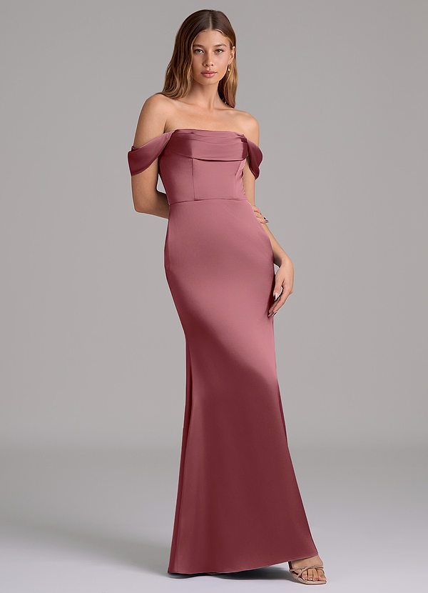 Azazie Miley 신부 들러리 드레스 인어 오프 더 숄더 스트레치 새틴 바닥 길이 드레스 image1