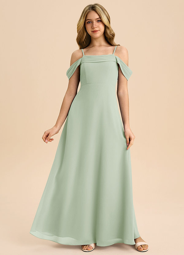 Azazie Anselie Junior Robe Trapèze en Mousseline de soie Épaule décolletée Vert Sauge image1