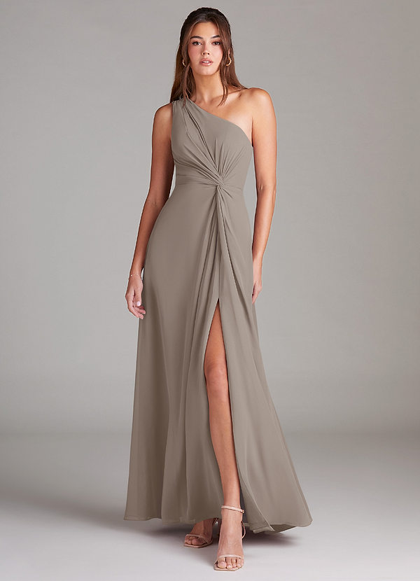 Azazie Brooke Bridesmaid Dresses Taupe A-Line One Shoulder Chiffon Dress image1